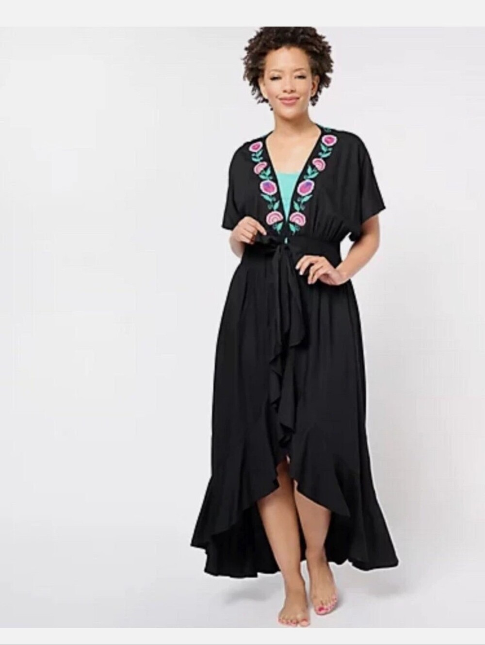 Black Embroidered V-Neck High-Low Maxi Dress
